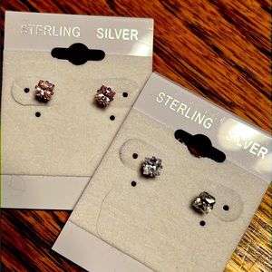 Pink and clear cz princess cut sterling silver 925 stud earrings new